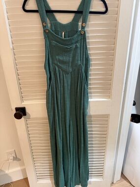Free People Teal Button-Strap linen overalls